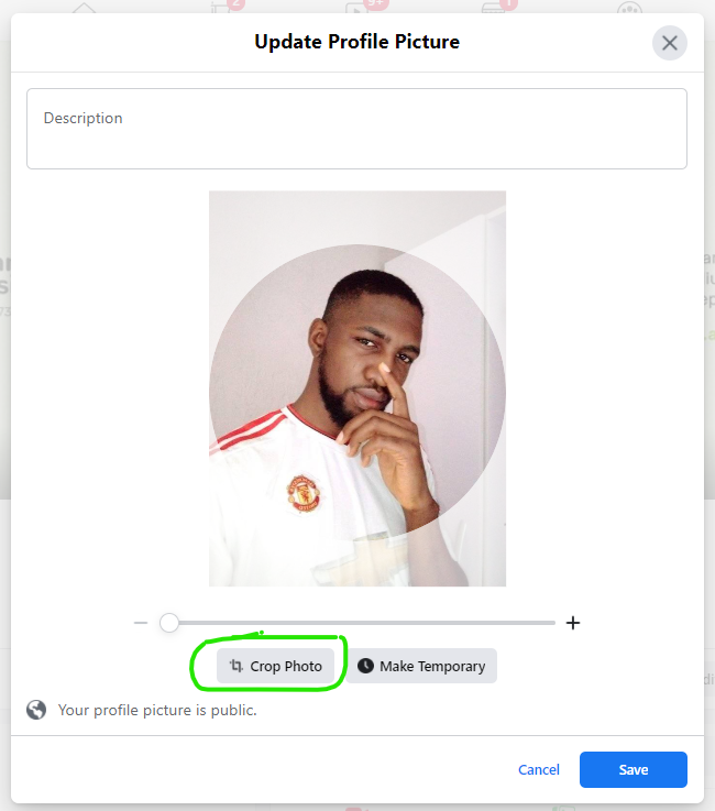 The photo cropping modal which appears before setting a new profile photo on Facebook
