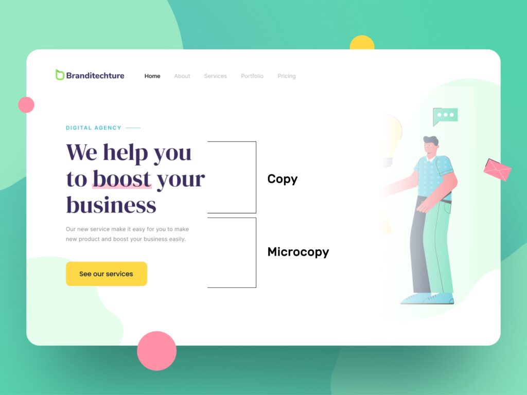 Screenshot of a sample website showing copy and microcopy sections