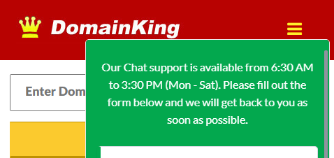Screenshot of DomainKing Live Support Hours