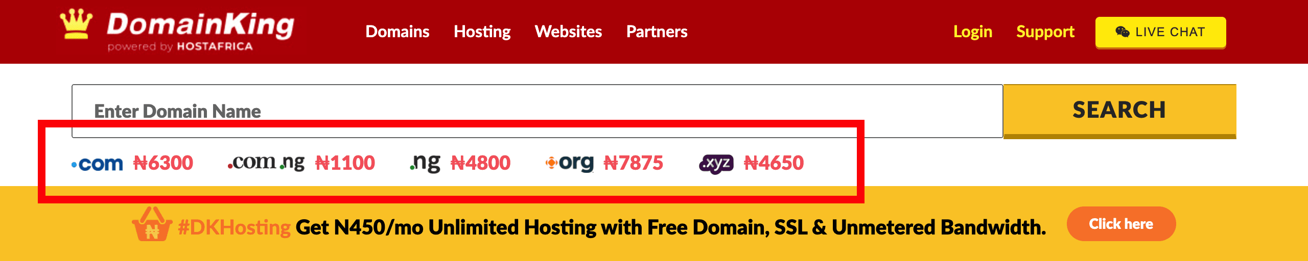 A screenie of the DomainKing Homepage after their updated domain registration pricing following its acquisition by HostAfrica