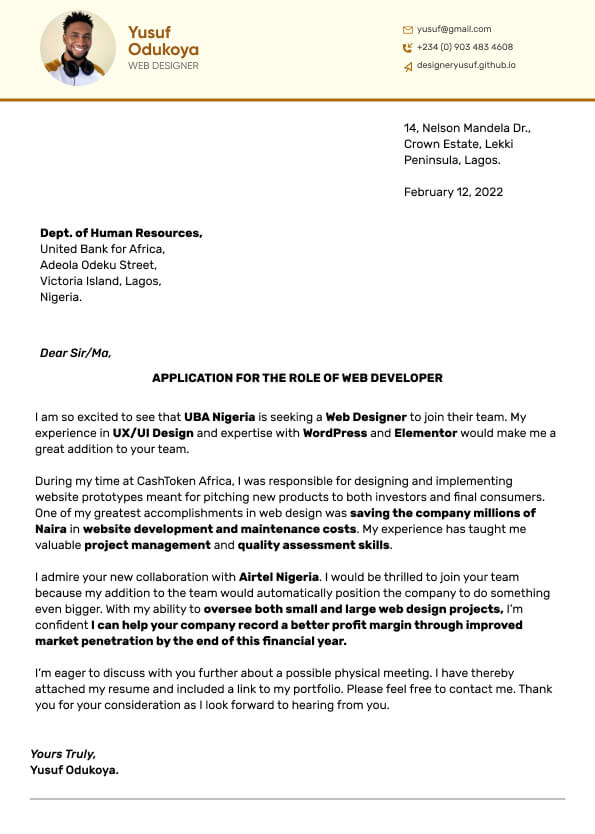 sample application letter nigeria