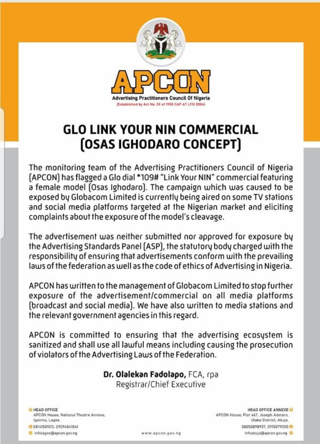 APCON Formal Letter to Glo
